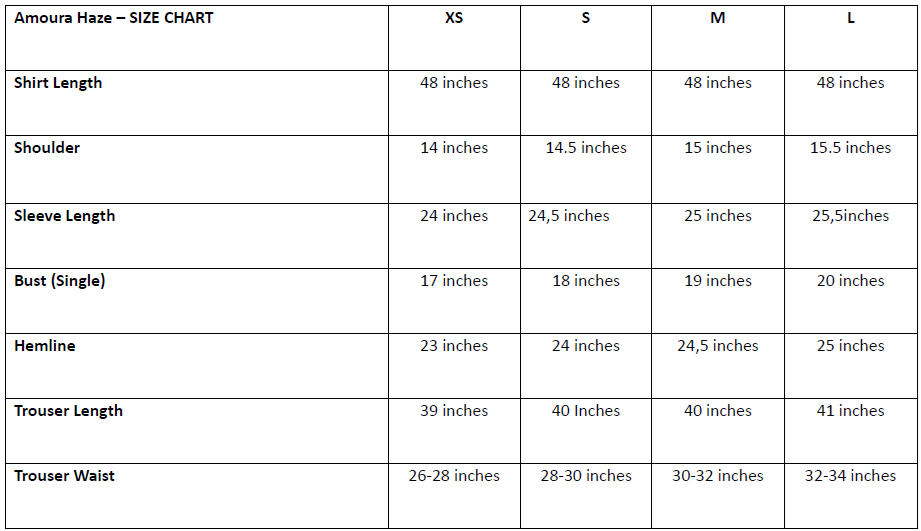 Amoura Haze Size Chart