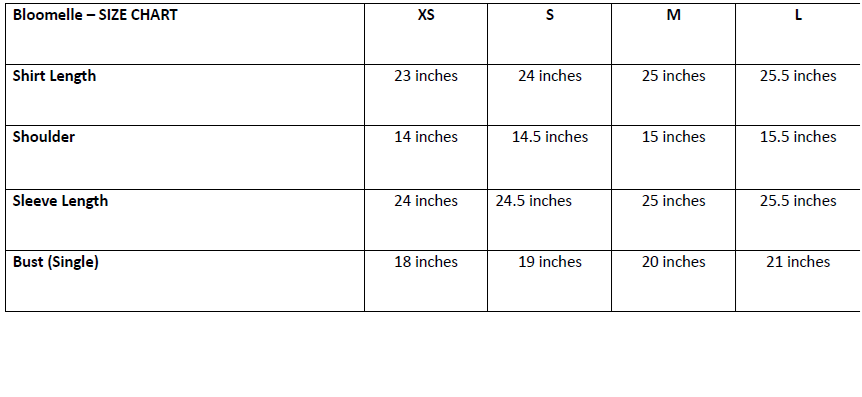 BLOOMELLE Size Chart