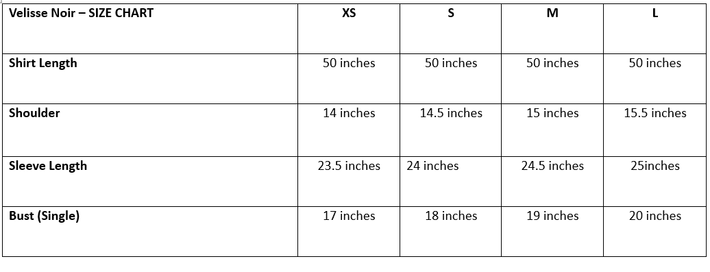 Velisse Noir Size Chart